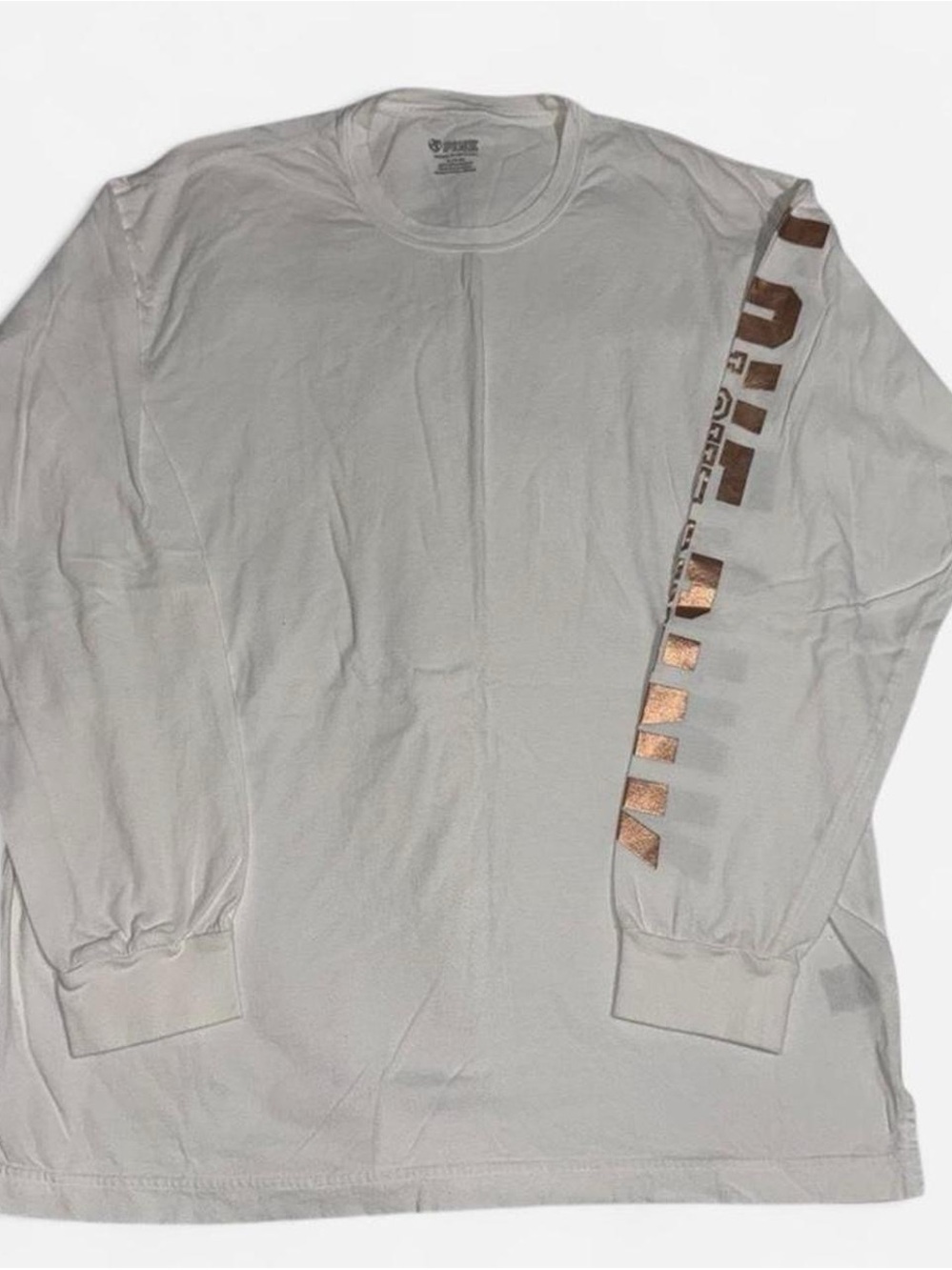 PINK Victoria's Secret Long Sleeve Tee in White with Copper Sleeve Print